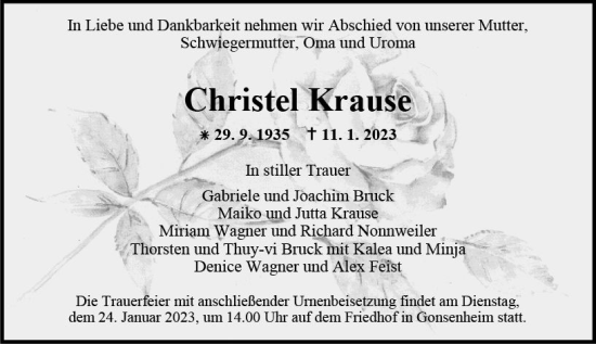 Traueranzeige von Christel Krause von Allgemeine Zeitung Mainz