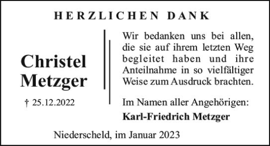 Traueranzeige von Christel Metzger von Dill Block