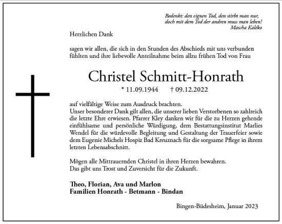 Traueranzeige von Christel Schmitt-Honrath von Allgemeine Zeitung Ingelheim-Bingen