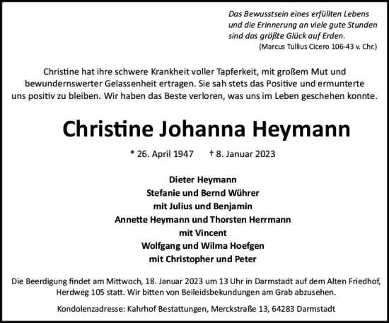 Traueranzeige von Christine Johanna Heymann von Darmstädter Echo