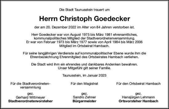 Traueranzeige von Christoph Goedecker von Idsteiner Land / Untertaunus Kurier