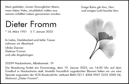 Traueranzeige von Dieter Fromm von Allgemeine Zeitung Mainz