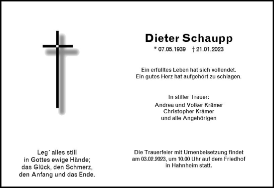 Traueranzeige von Dieter Schaupp von Allgemeine Zeitung Mainz