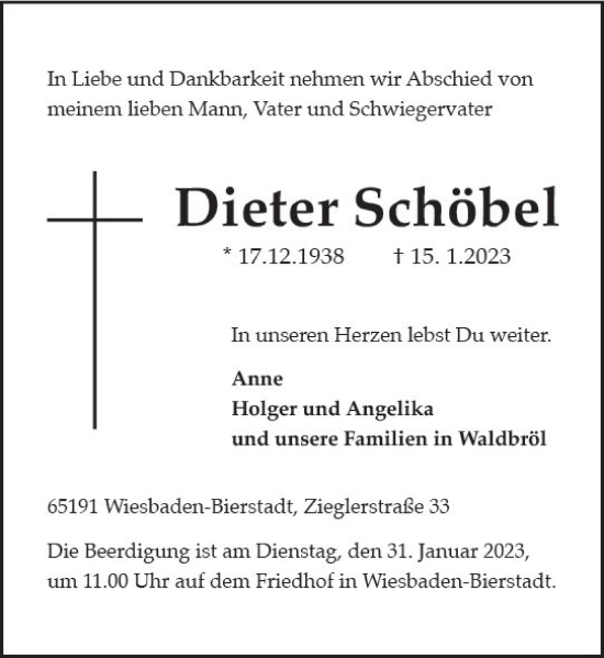 Traueranzeige von Dieter Schöbel von Wiesbadener Kurier gesamt