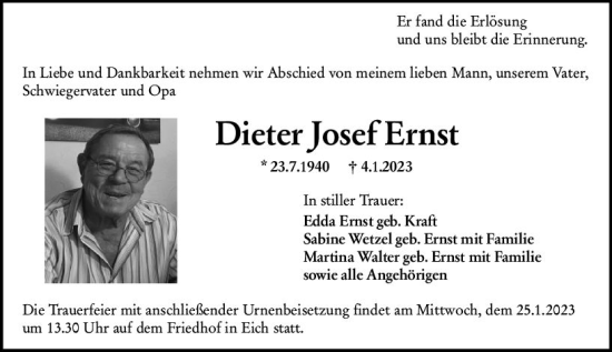 Traueranzeige von Dieter Josef Ernst von Wormser Zeitung