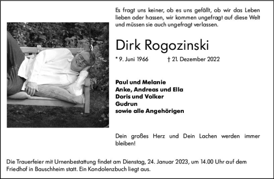Traueranzeige von Dirk Rogozinski von Rüsselsheimer Echo