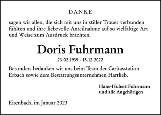 Traueranzeige von Doris Fuhrmann von Camberger Anzeiger