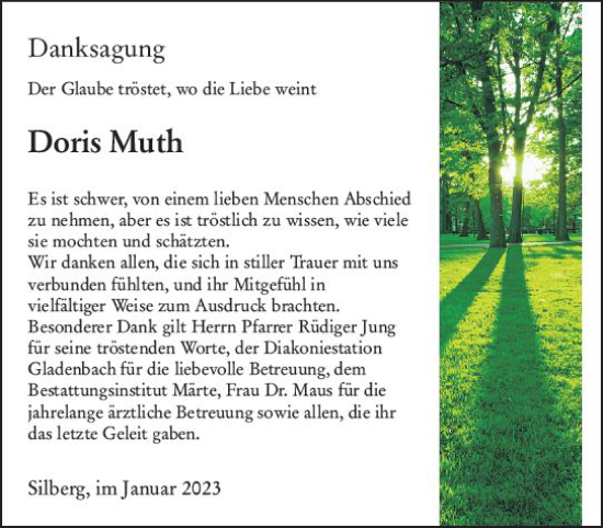 Traueranzeige von Doris Muth von Hinterländer Anzeiger
