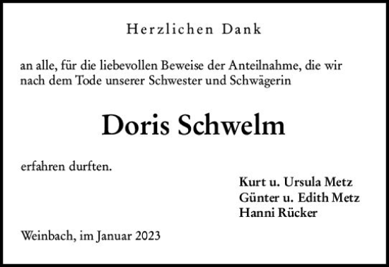 Traueranzeige von Doris Schwelm von Weilburger Tageblatt