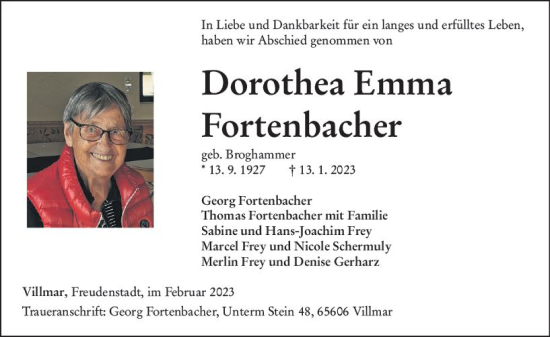 Traueranzeige von Dorothea Emma Fortenbacher von Nassauische Neue Presse