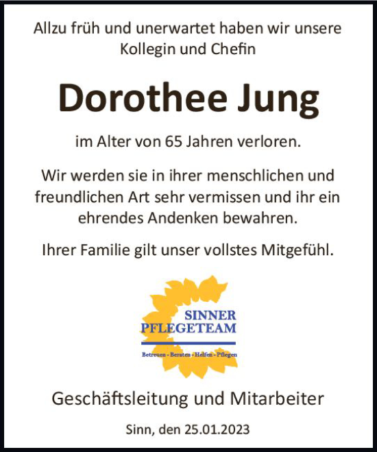 Traueranzeige von Dorothee Jung von Dill Block