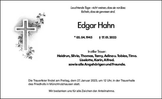 Traueranzeige von Edgar Hahn von Wetzlarer Neue Zeitung