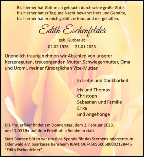 Traueranzeige von Edith Eschenfelder von Darmstädter Echo