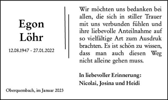 Traueranzeige von Egon Löhr von Wetzlarer Neue Zeitung