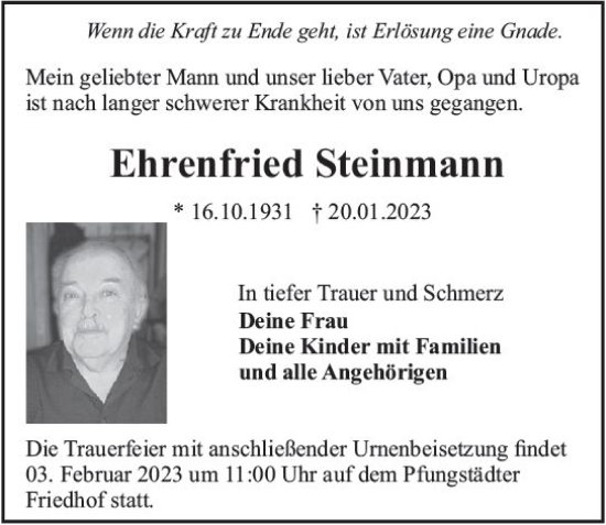 Traueranzeige von Ehrenfried Steinmann von Darmstädter Echo