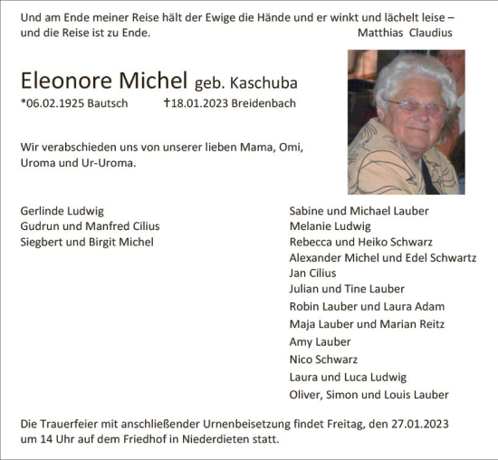 Traueranzeige von Eleonore Michel von Hinterländer Anzeiger