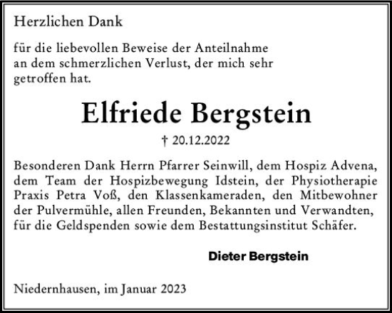 Traueranzeige von Elfriede Bergstein von Wiesbadener Kurier gesamt