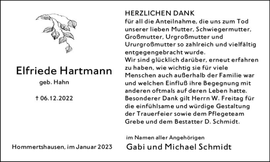 Traueranzeige von Elfriede Hartmann von Hinterländer Anzeiger