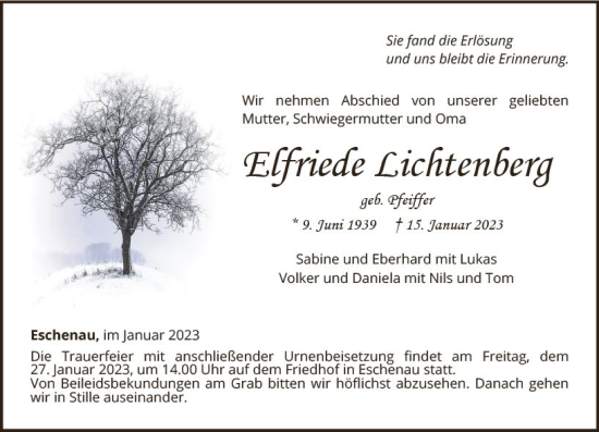 Traueranzeige von Elfriede Lichtenberg von Weilburger Tageblatt