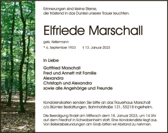 Traueranzeige von Elfriede Marschall von Allgemeine Zeitung Ingelheim-Bingen