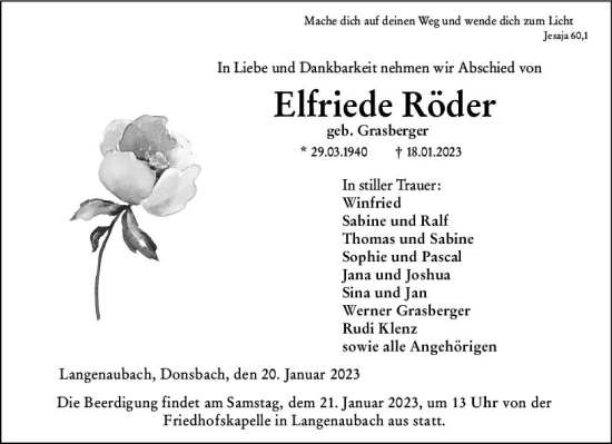 Traueranzeige von Elfriede Röder von Dill Block