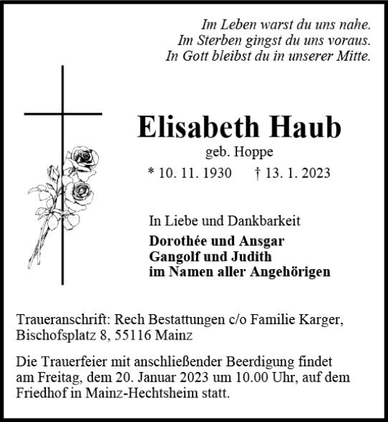 Traueranzeige von Elisabeth Haub von Allgemeine Zeitung Mainz