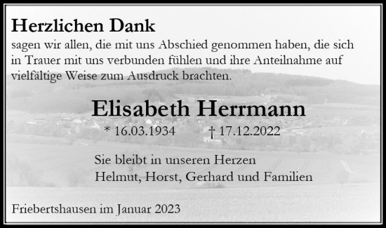 Traueranzeige von Elisabeth Herrmann von Hinterländer Anzeiger