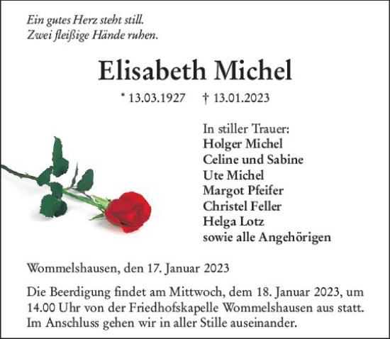 Traueranzeige von Elisabeth Michel von Hinterländer Anzeiger