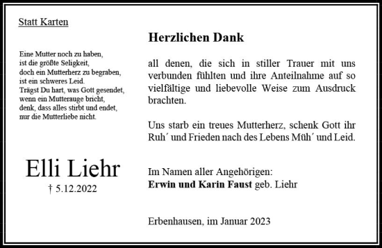Traueranzeige von Elli Liehr von OK Oberhessen Kurier