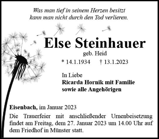Traueranzeige von Else Steinhauer von Camberger Anzeiger