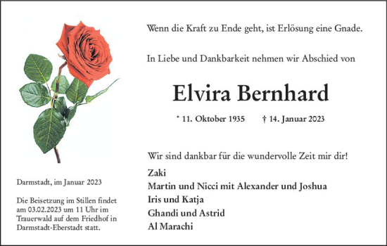 Traueranzeige von Elvira Bernhard von Darmstädter Echo