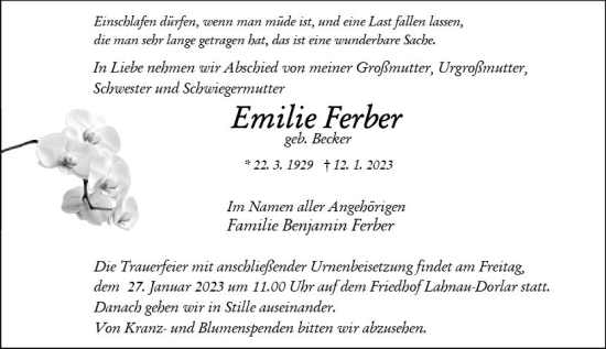 Traueranzeige von Emilie Ferber von Wetzlarer Neue Zeitung