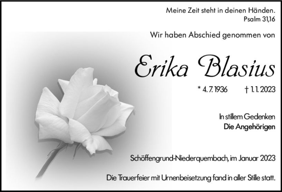 Traueranzeige von Erika Blasius von Wetzlarer Neue Zeitung