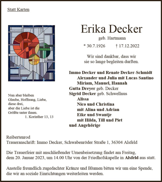 Traueranzeige von Erika Decker von OK Oberhessen Kurier