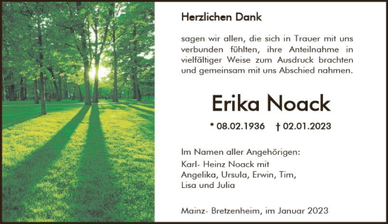 Traueranzeige von Erika Noack von Allgemeine Zeitung Mainz