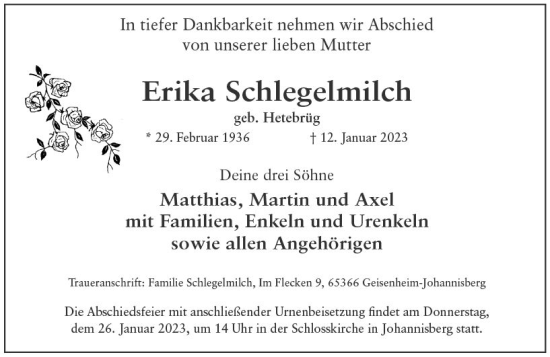 Traueranzeige von Erika Schlegelmilch von Wiesbadener Kurier gesamt
