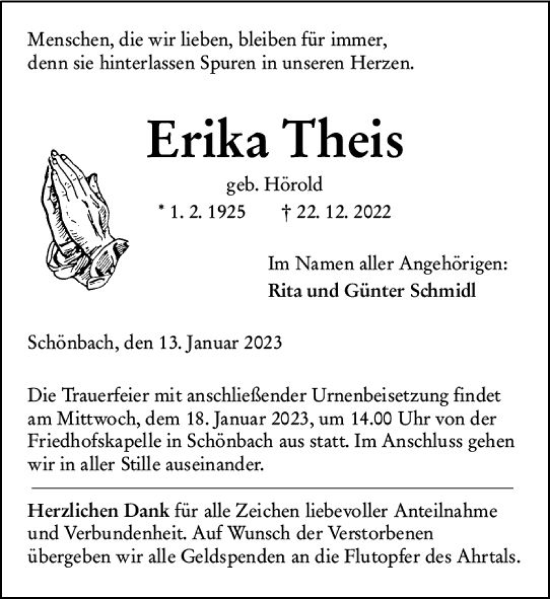 Traueranzeige von Erika Theis von Dill Block