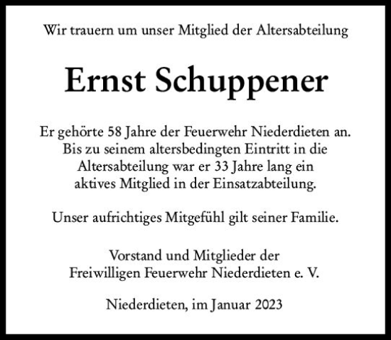 Traueranzeige von Ernst Schuppener von Hinterländer Anzeiger