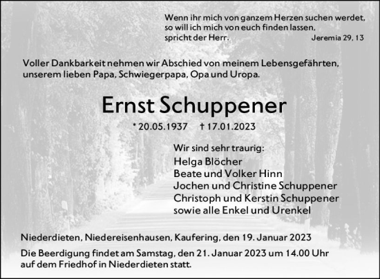 Traueranzeige von Ernst Schuppener von Hinterländer Anzeiger