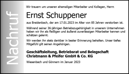 Traueranzeige von Ernst Schuppener von Hinterländer Anzeiger