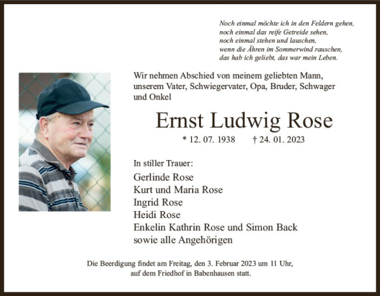 Traueranzeige von Ernst Ludwig Rose von Darmstädter Echo