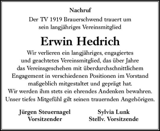 Traueranzeige von Erwin Hedrich von VRM Trauer