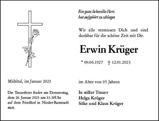 Traueranzeige von Erwin Krüger von Darmstädter Echo