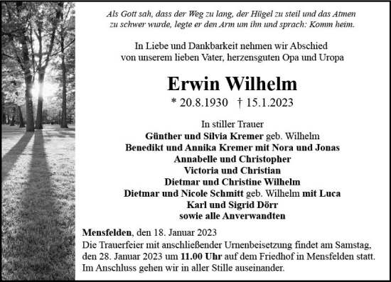 Traueranzeige von Erwin Wilhelm von Nassauische Neue Presse