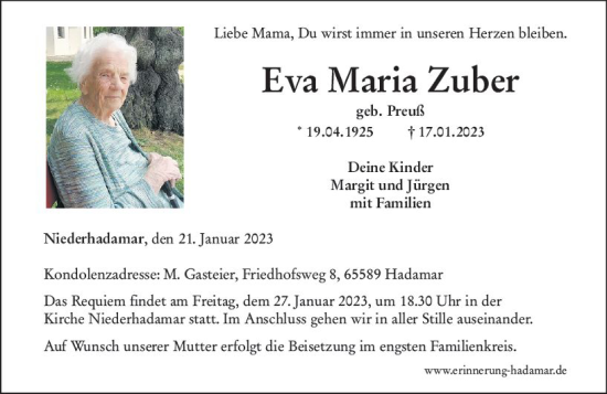 Traueranzeige von Eva Maria Zuber von Nassauische Neue Presse