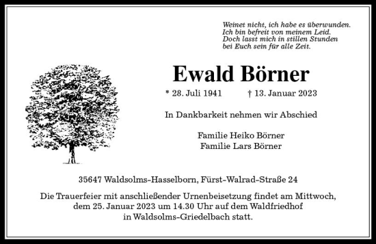Traueranzeige von Ewald Börner von Wetzlarer Neue Zeitung