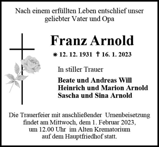 Traueranzeige von Franz Arnold von Allgemeine Zeitung Mainz