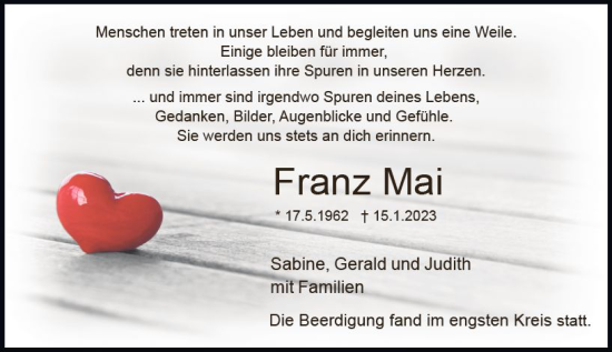 Traueranzeige von Franz Mai von DieburgerAnzeiger/Groß-Zimmerner Lokalanzeiger