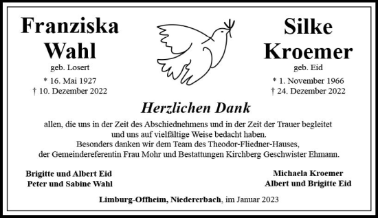 Traueranzeige von Franziska Wahl von Nassauische Neue Presse