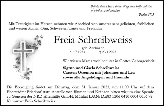 Traueranzeige von Freia Schreibweiss von Darmstädter Echo